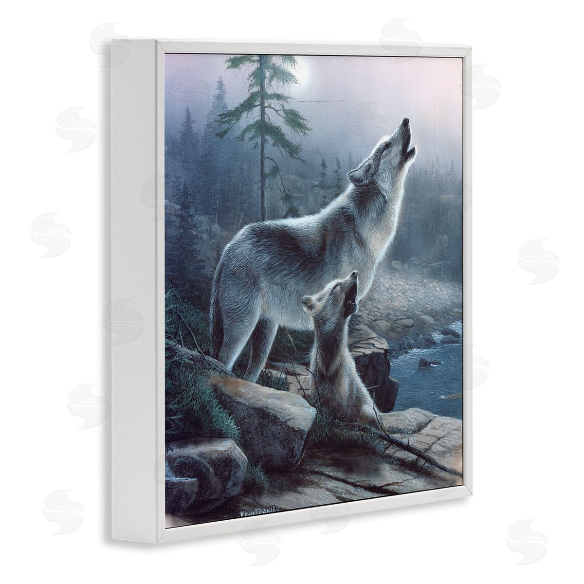 Kevin Daniel Howling Wolf & Pup Landscape White Framed Glicee Wall Art Print