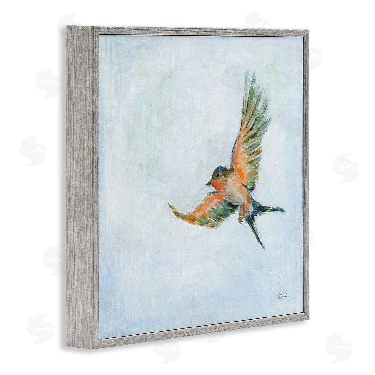 Sue Schlabach Flying Hummingbird Painting Gray Framed Glicee Wall Art Print