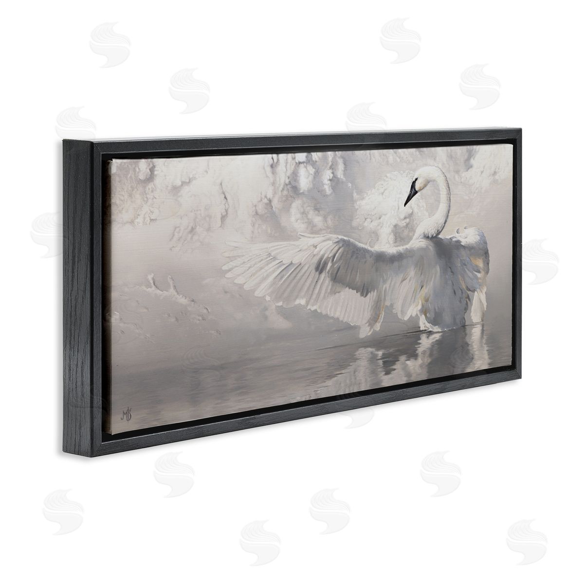 Mark Kelso Swan Wingspan on Pond Black Floating Frame Canvas Wall Art Print