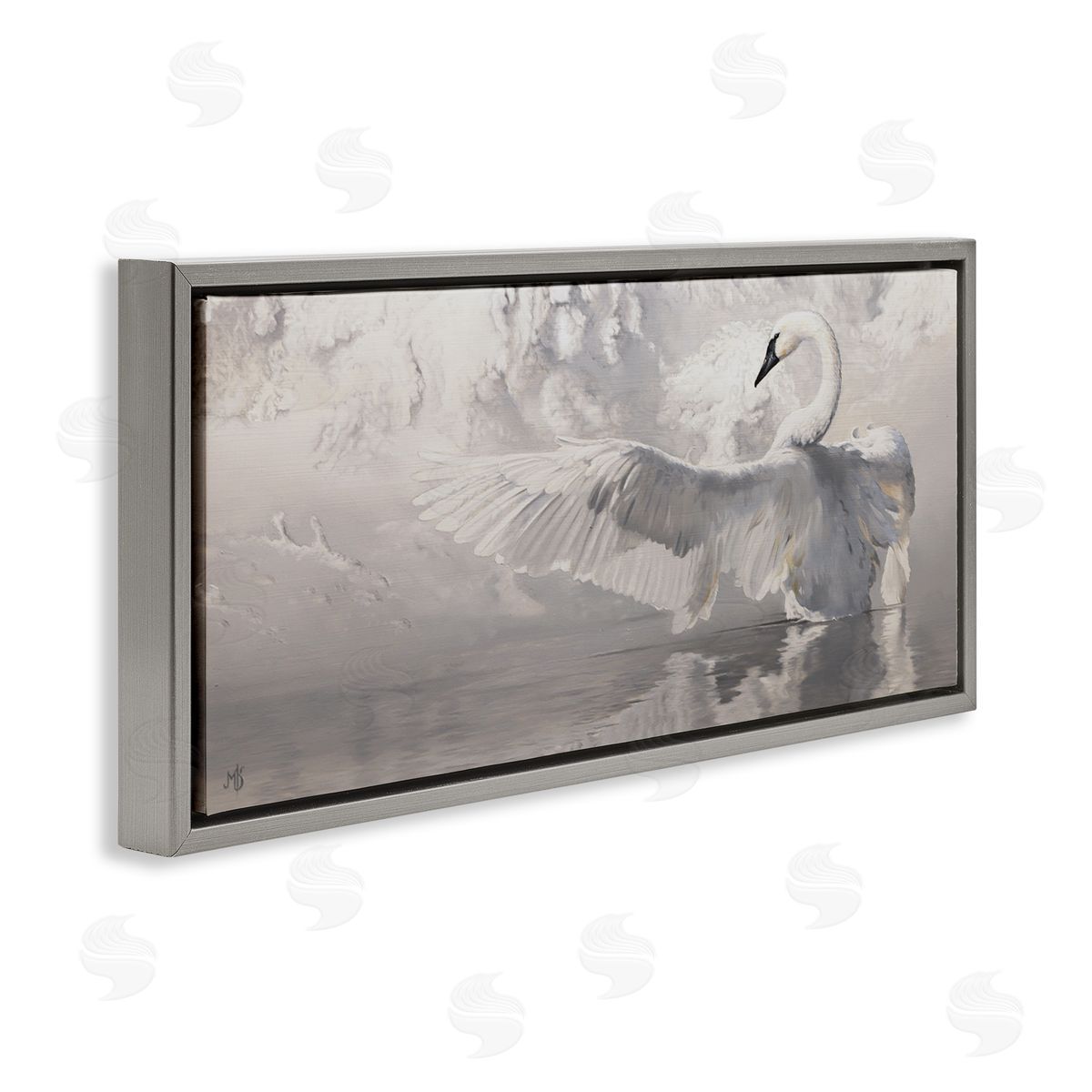 Mark Kelso Swan Wingspan on Pond Gray Floating Frame Canvas Wall Art Print