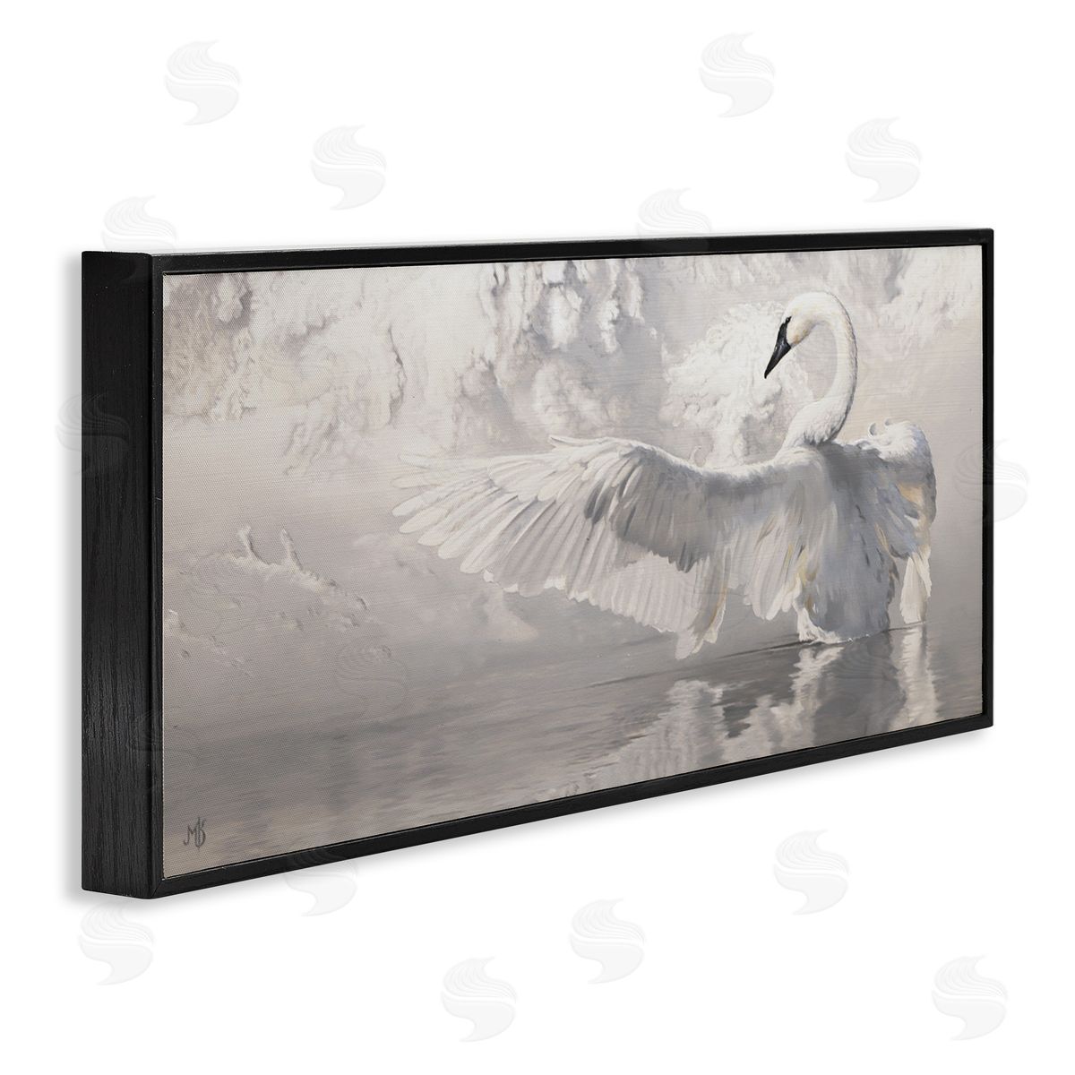 Mark Kelso Swan Wingspan on Pond Black Framed Glicee Wall Art Print