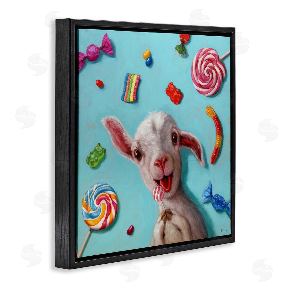 Lucia Heffernan Happy Sheep with Candy Black Floating Frame Canvas Wall Art Print