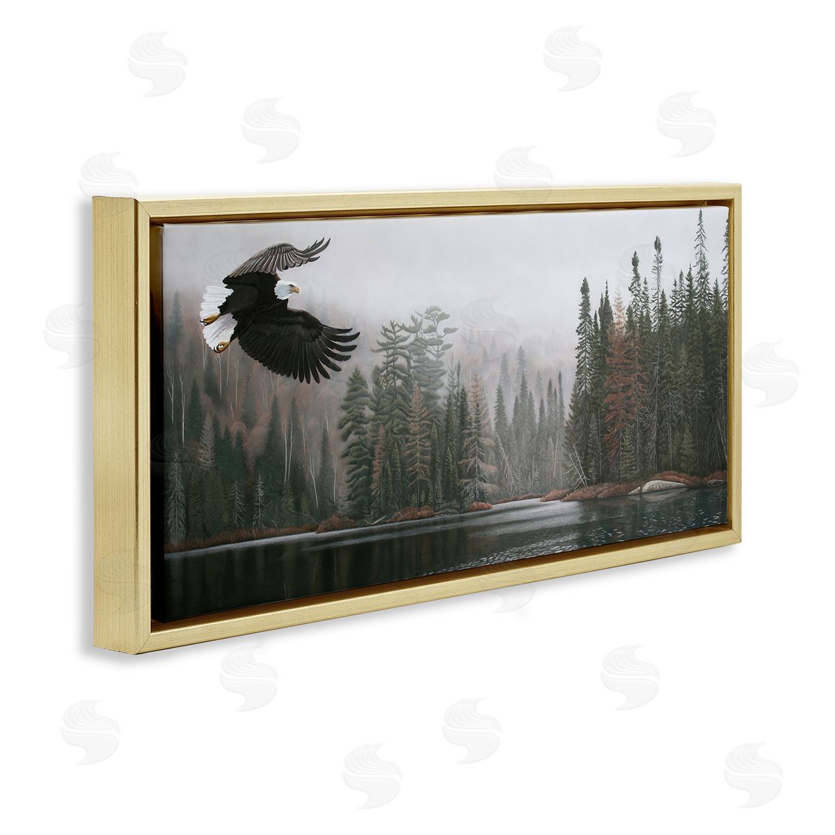 Clinton Jammer Eagle Soaring Over Lake Gold Floating Frame Canvas Wall Art Print