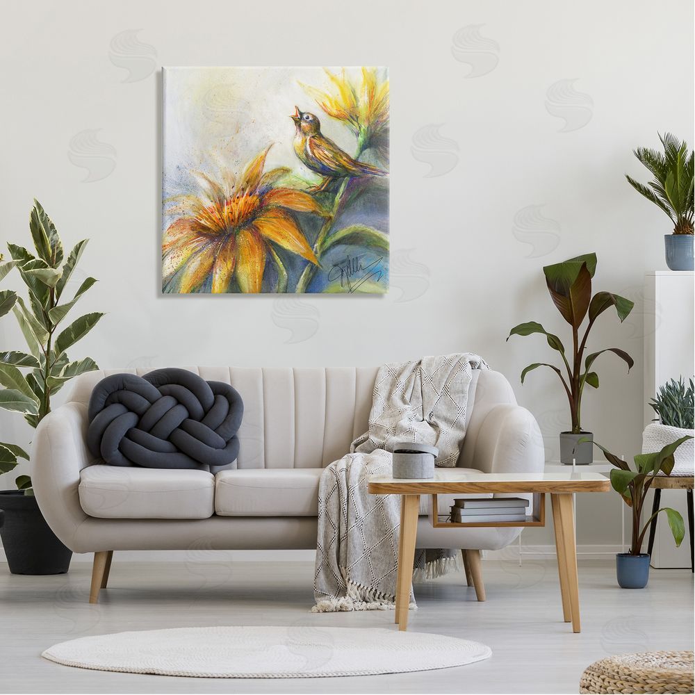 Joy Allen Bird Singing Yellow Flowers Canvas Wall Art in Room