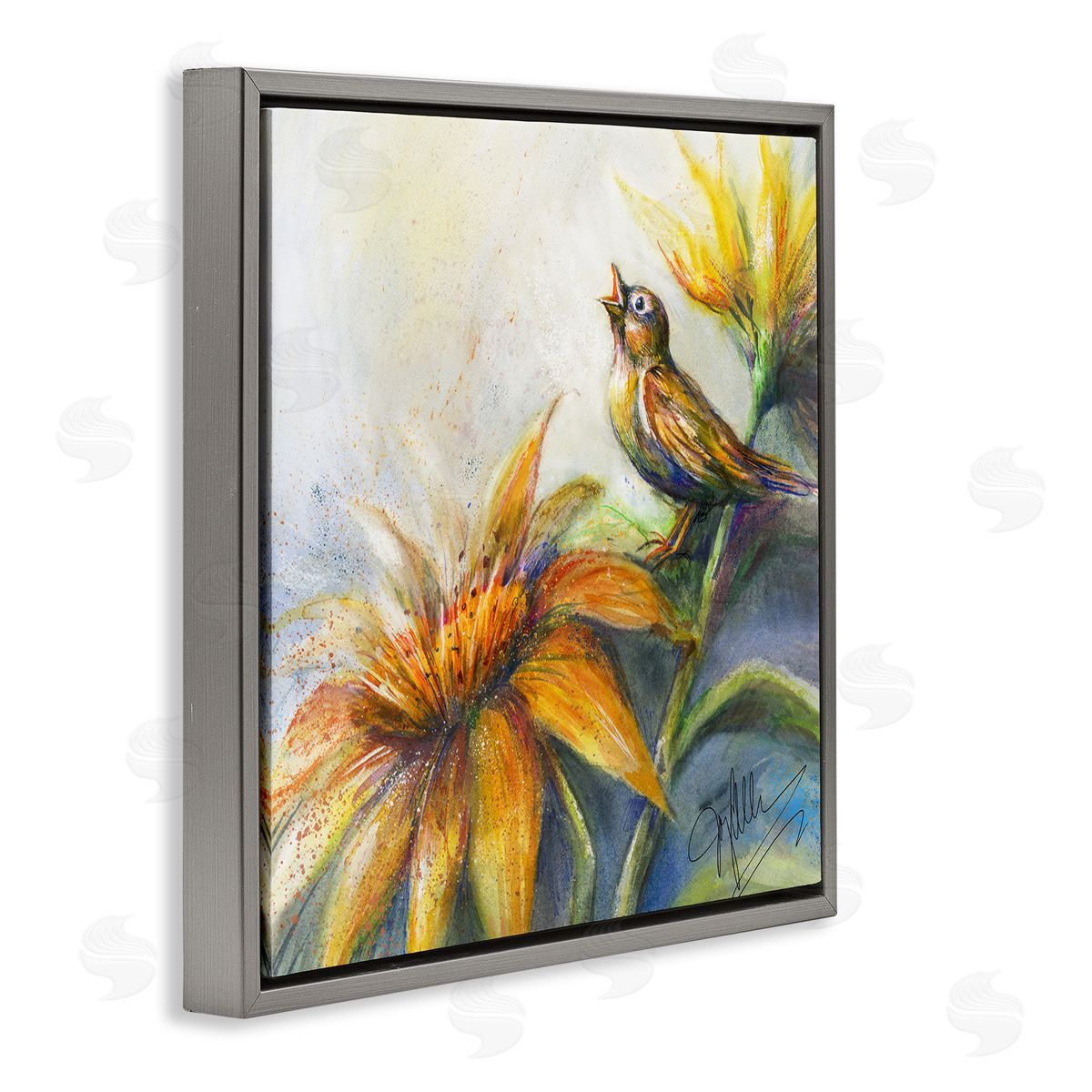 Joy Allen Bird Singing Yellow Flowers Gray Floating Frame Canvas Wall Art Print