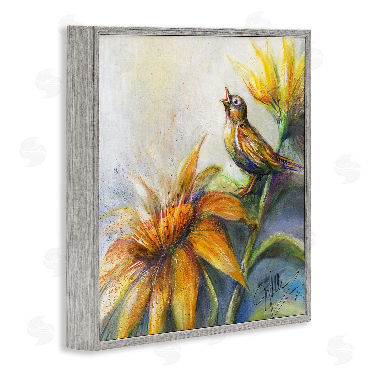 Joy Allen Bird Singing Yellow Flowers Gray Framed Glicee Wall Art Print