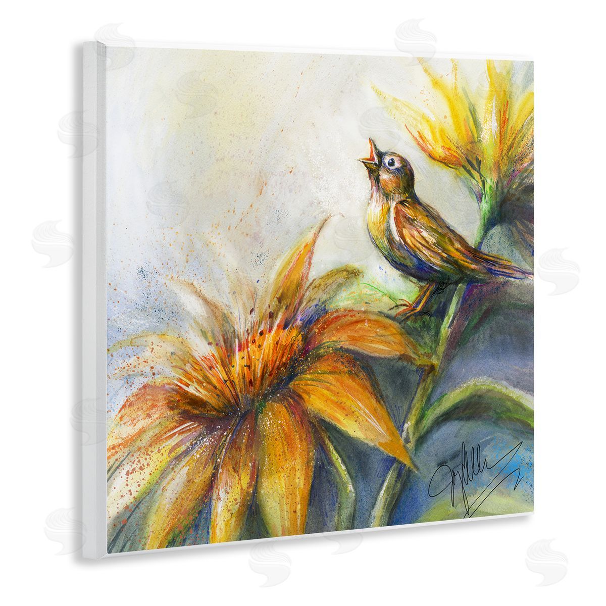 Joy Allen Bird Singing Yellow Flowers Wooden Wall Plaque Art Print