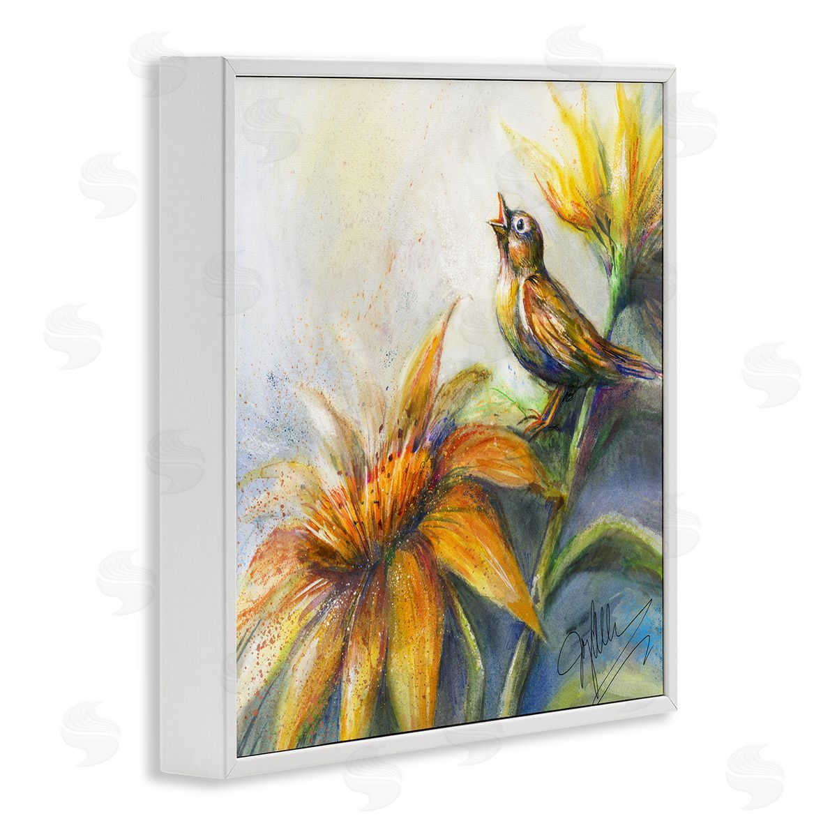 Joy Allen Bird Singing Yellow Flowers White Framed Glicee Wall Art Print