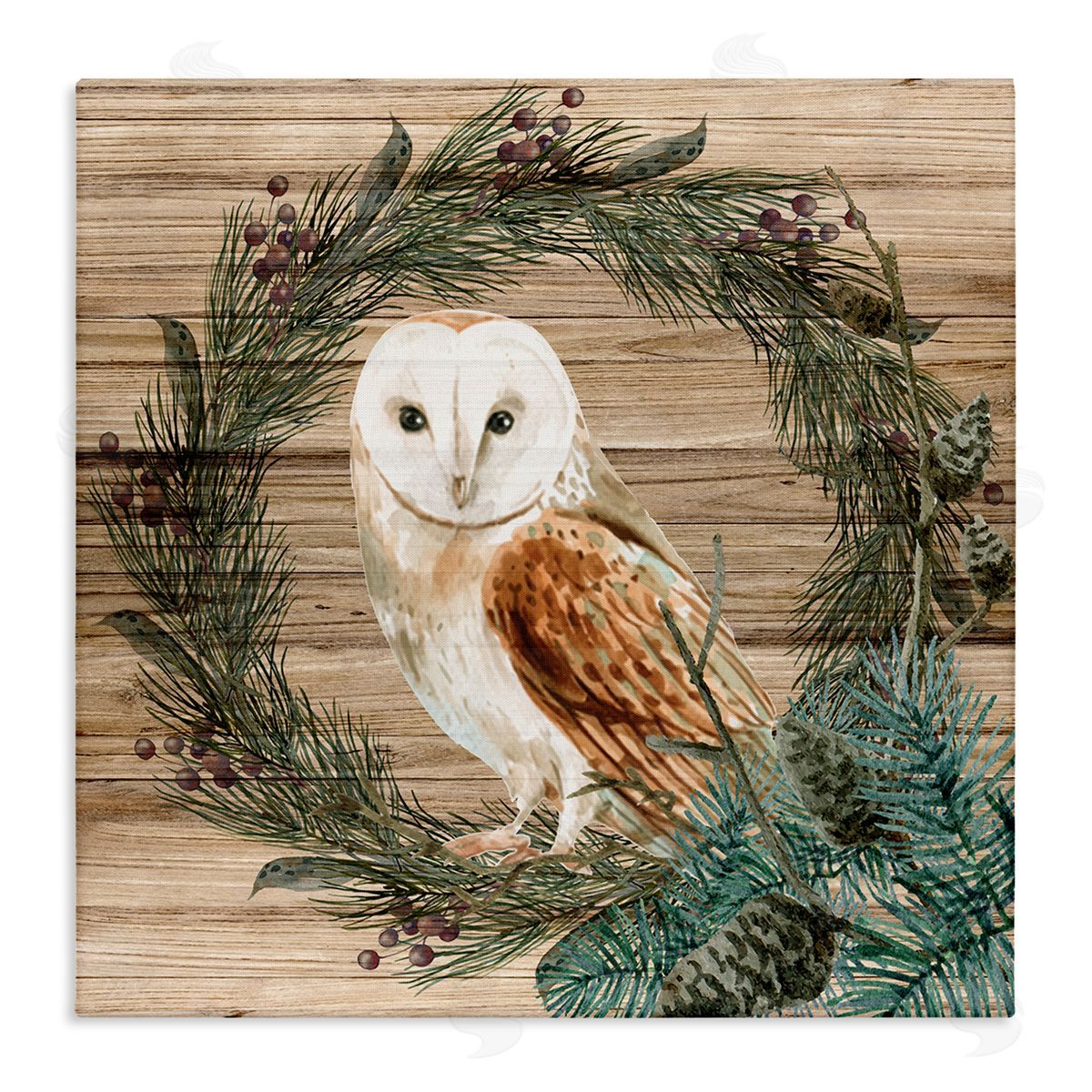 Kim Allen Rustic Owl on Pine Wreath Stretched Canvas Wall Art Print