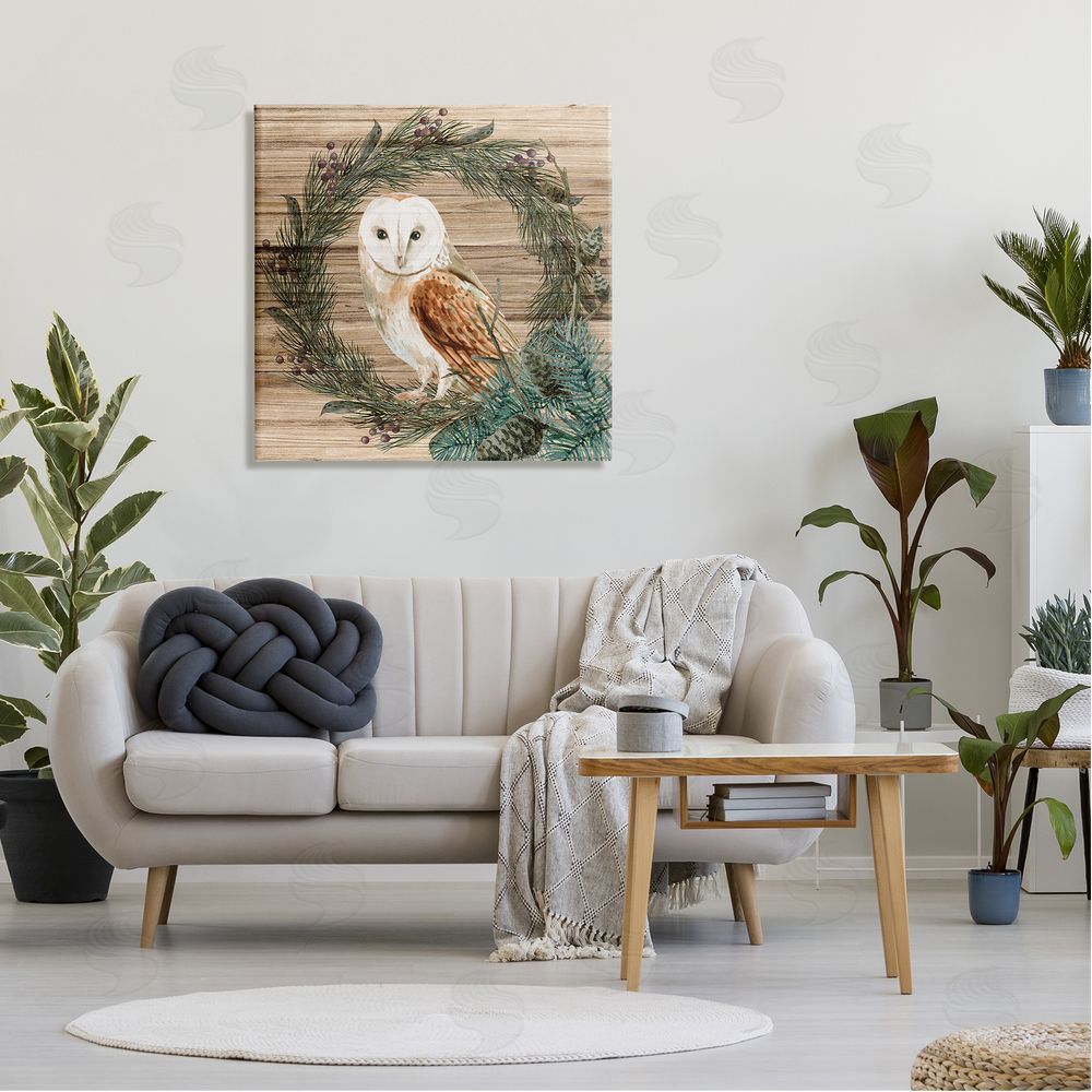 Kim Allen Rustic Owl on Pine Wreath Canvas Wall Art in Room
