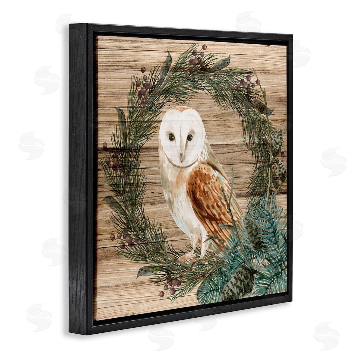 Kim Allen Rustic Owl on Pine Wreath Black Floating Frame Canvas Wall Art Print