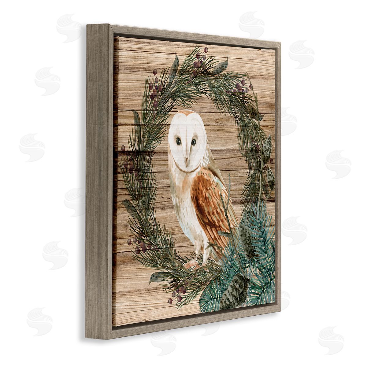 Kim Allen Rustic Owl on Pine Wreath Brown Floating Frame Canvas Wall Art Print