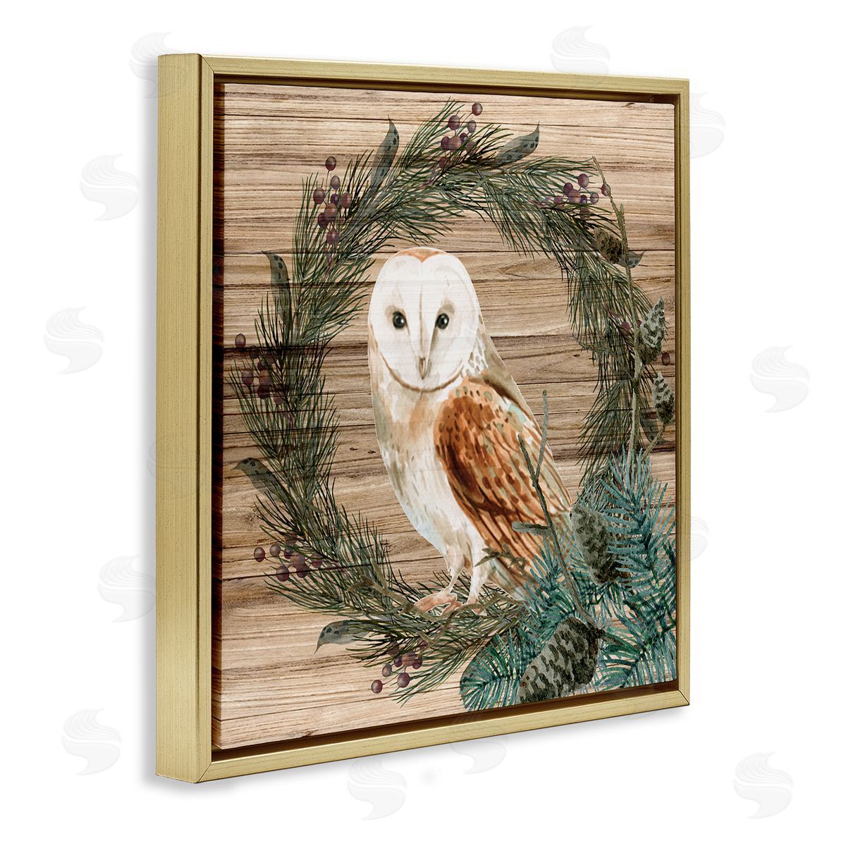 Kim Allen Rustic Owl on Pine Wreath Gold Floating Frame Canvas Wall Art Print