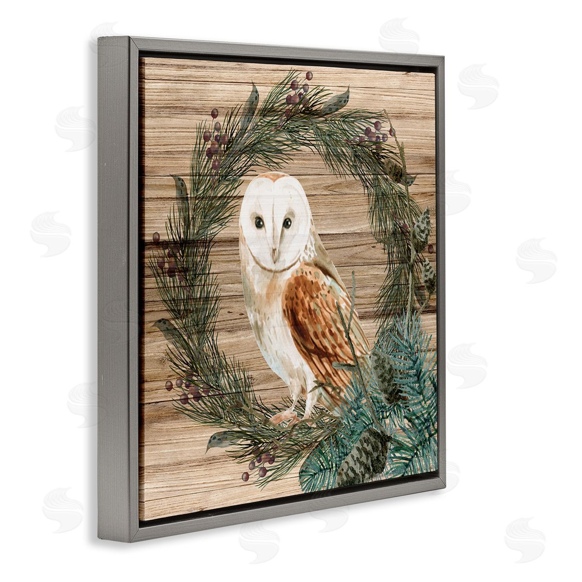 Kim Allen Rustic Owl on Pine Wreath Gray Floating Frame Canvas Wall Art Print