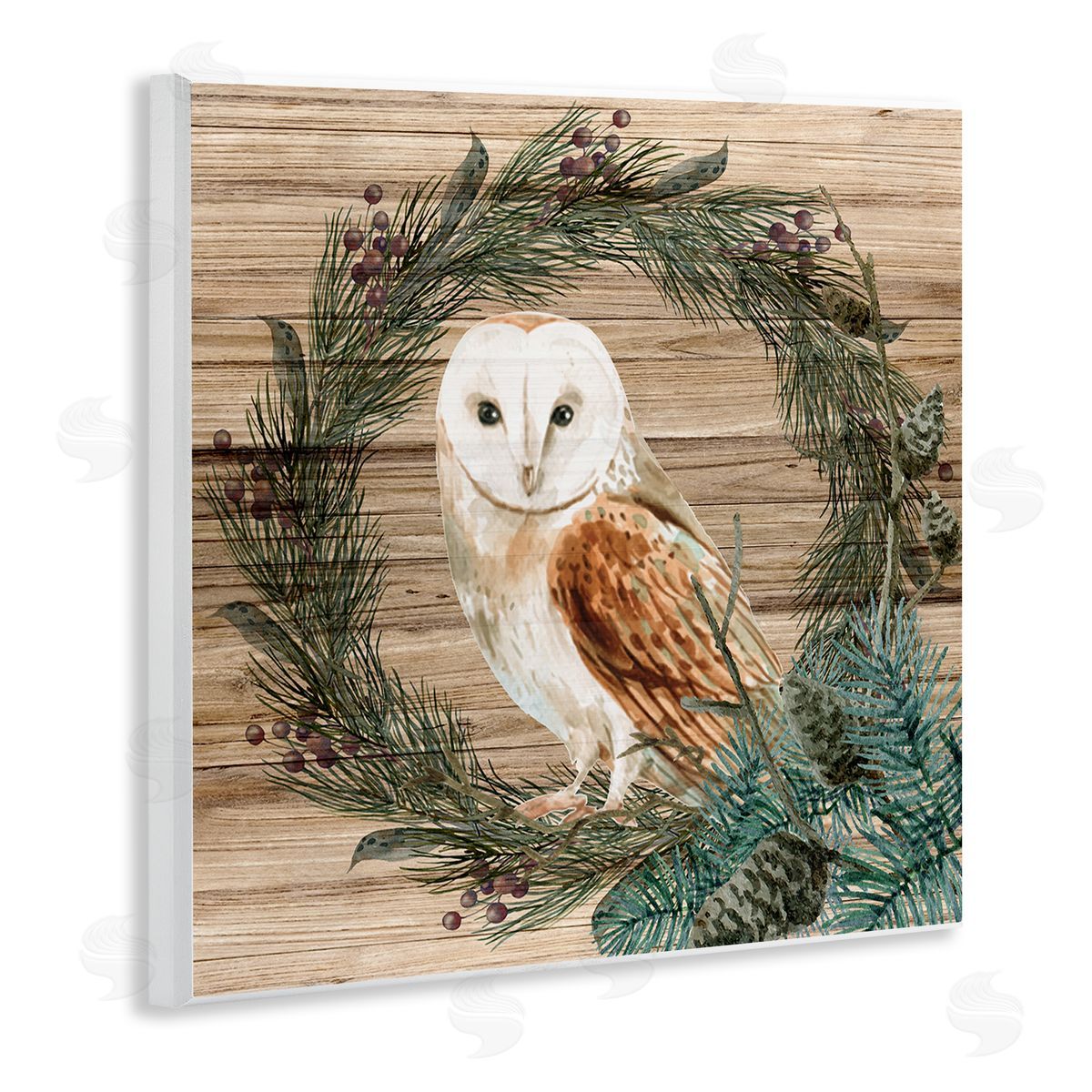 Kim Allen Rustic Owl on Pine Wreath Wooden Wall Plaque Art Print