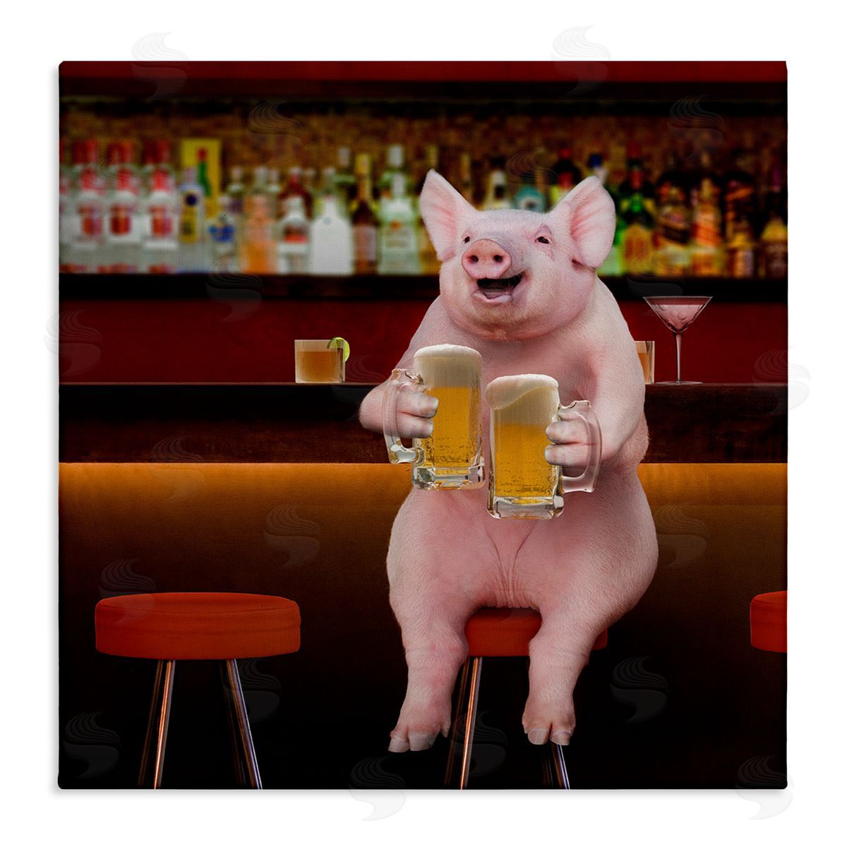 Lund Roeser Pig on Pub Bar Stool Stretched Canvas Wall Art Print
