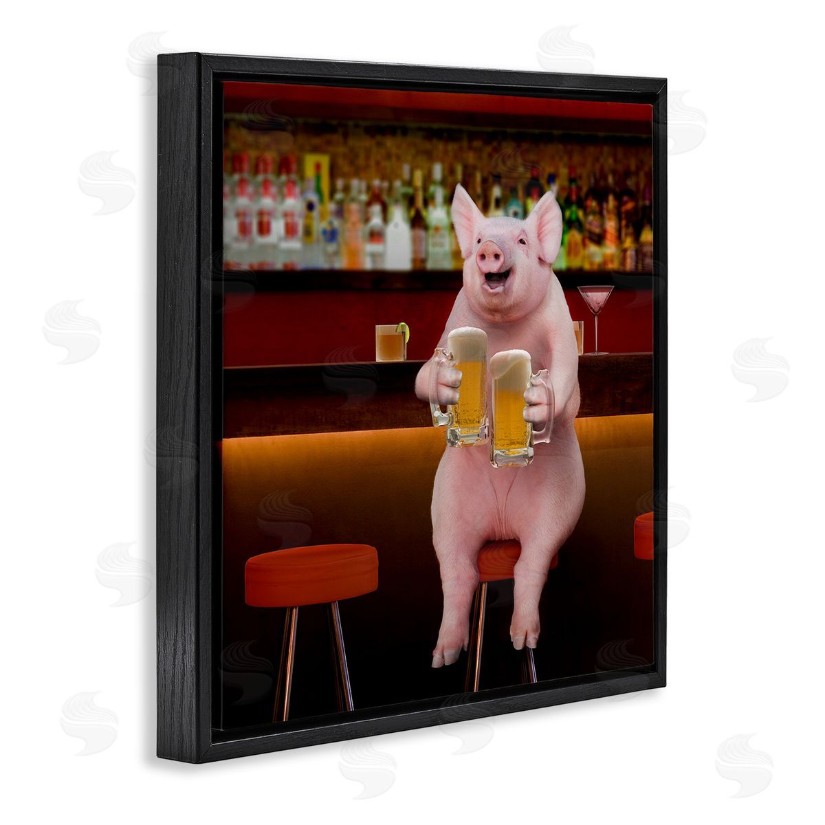 Lund Roeser Pig on Pub Bar Stool Black Floating Frame Canvas Wall Art Print