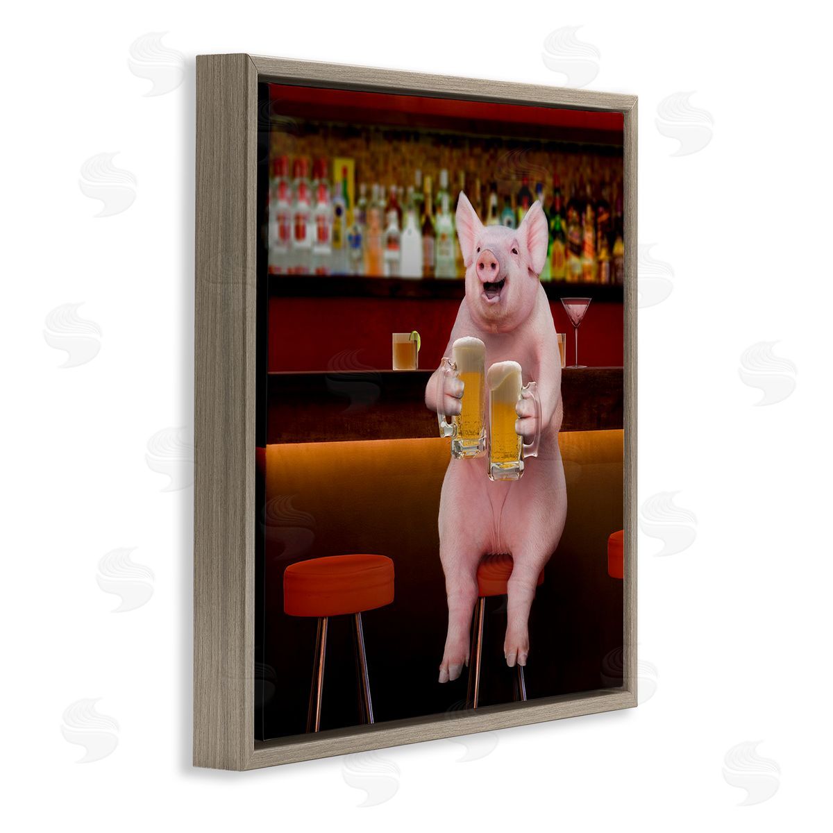 Lund Roeser Pig on Pub Bar Stool Brown Floating Frame Canvas Wall Art Print