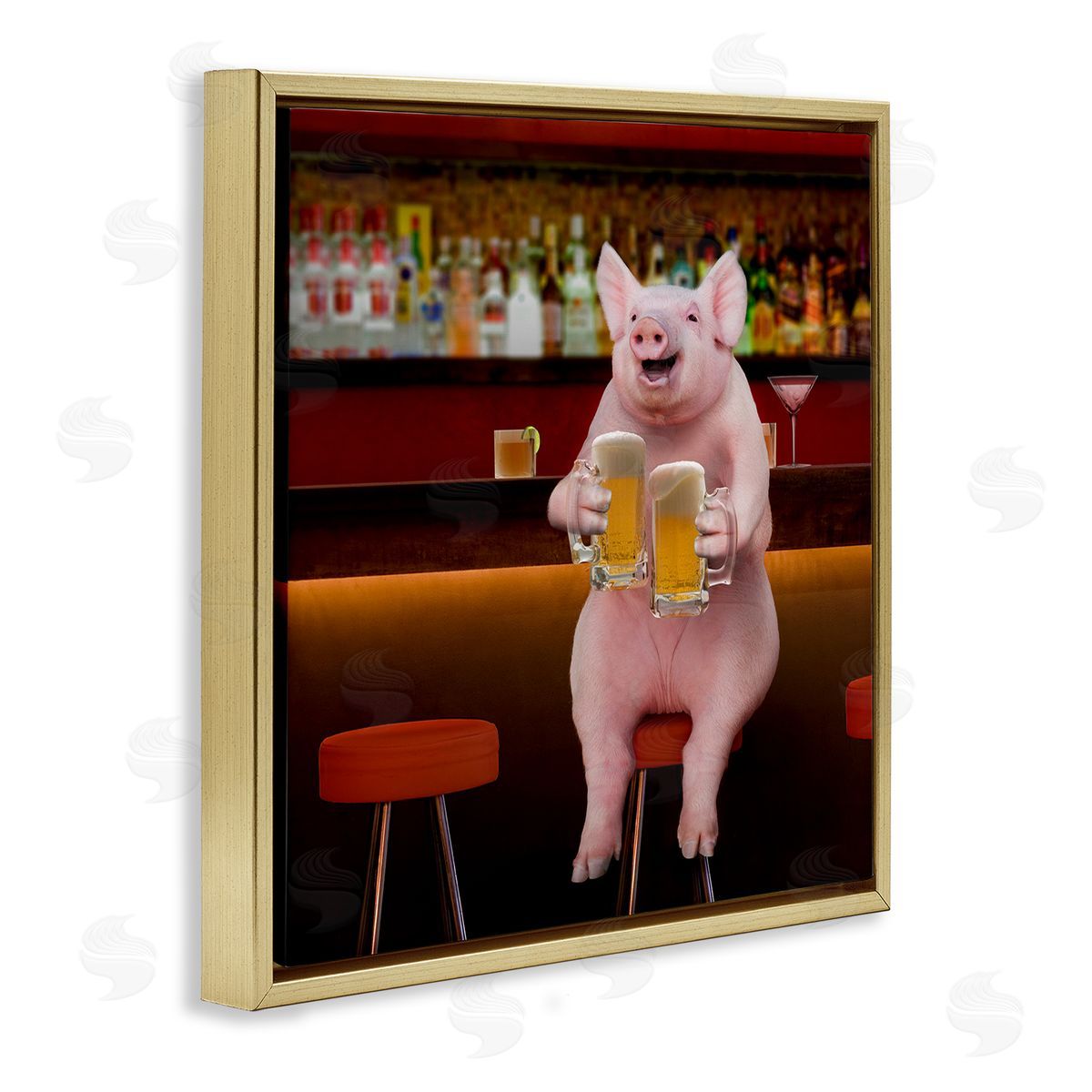 Lund Roeser Pig on Pub Bar Stool Gold Floating Frame Canvas Wall Art Print
