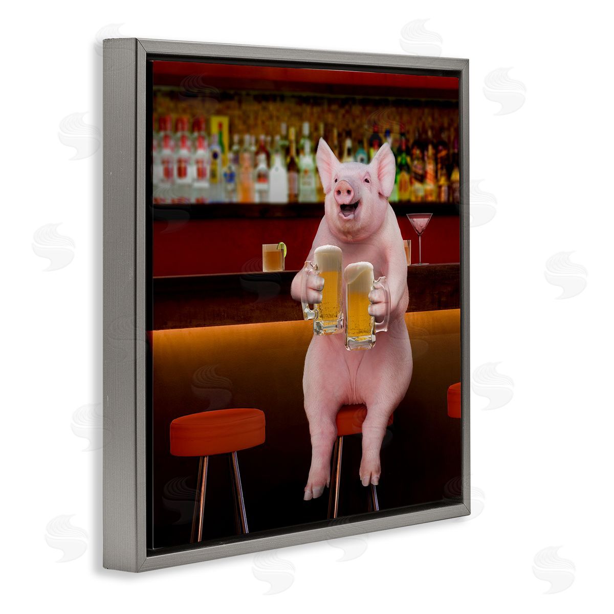 Lund Roeser Pig on Pub Bar Stool Gray Floating Frame Canvas Wall Art Print