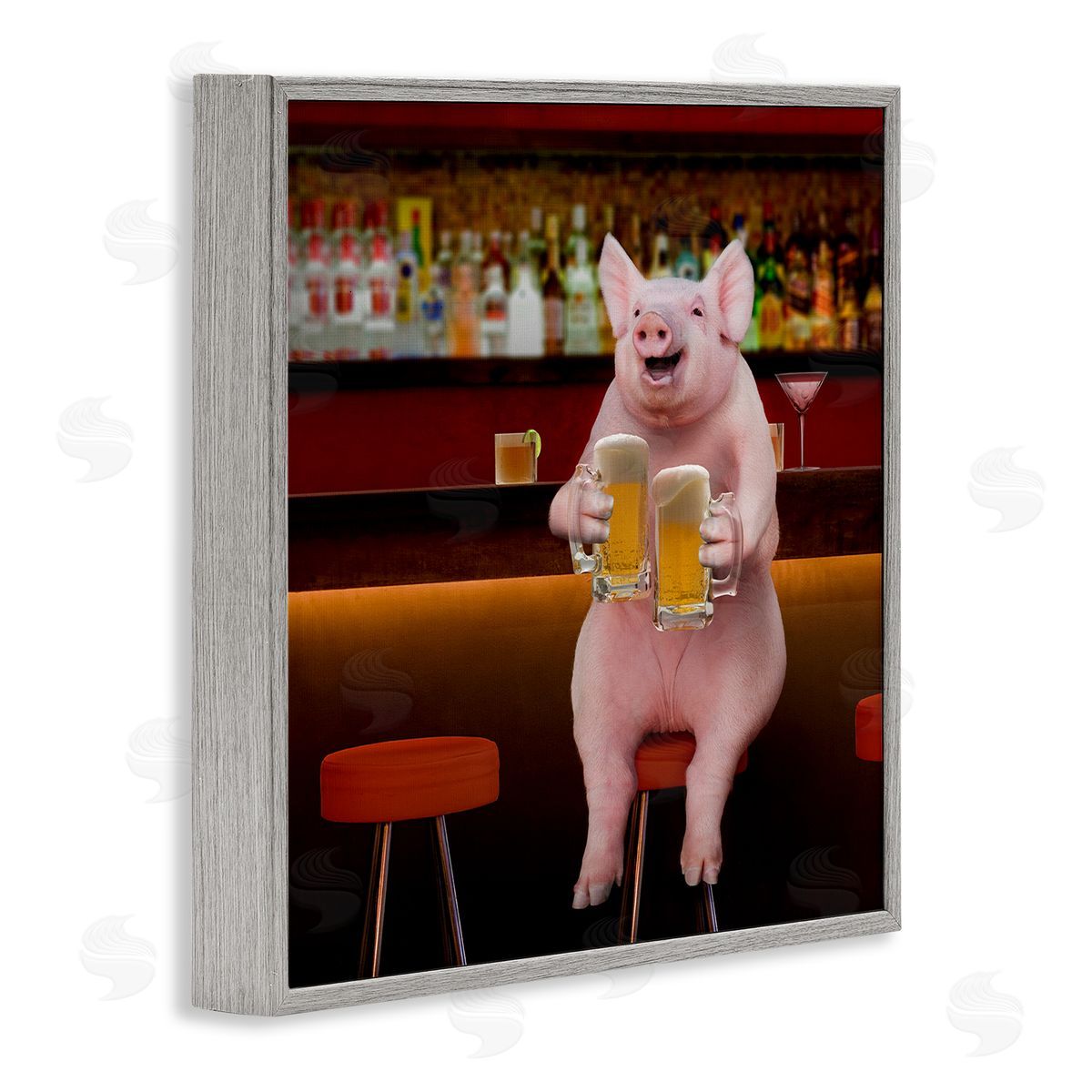 Lund Roeser Pig on Pub Bar Stool Gray Framed Glicee Wall Art Print
