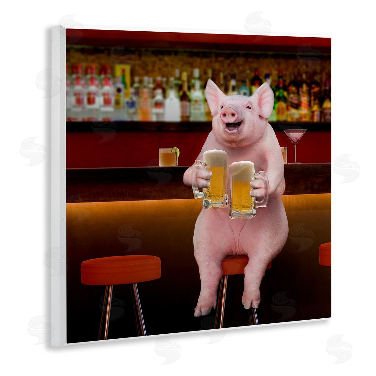 Lund Roeser Pig on Pub Bar Stool Wooden Wall Plaque Art Print