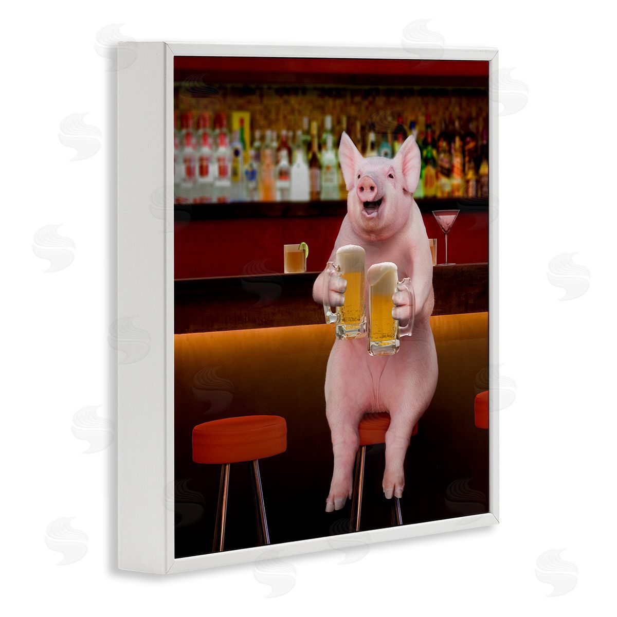 Lund Roeser Pig on Pub Bar Stool White Framed Glicee Wall Art Print