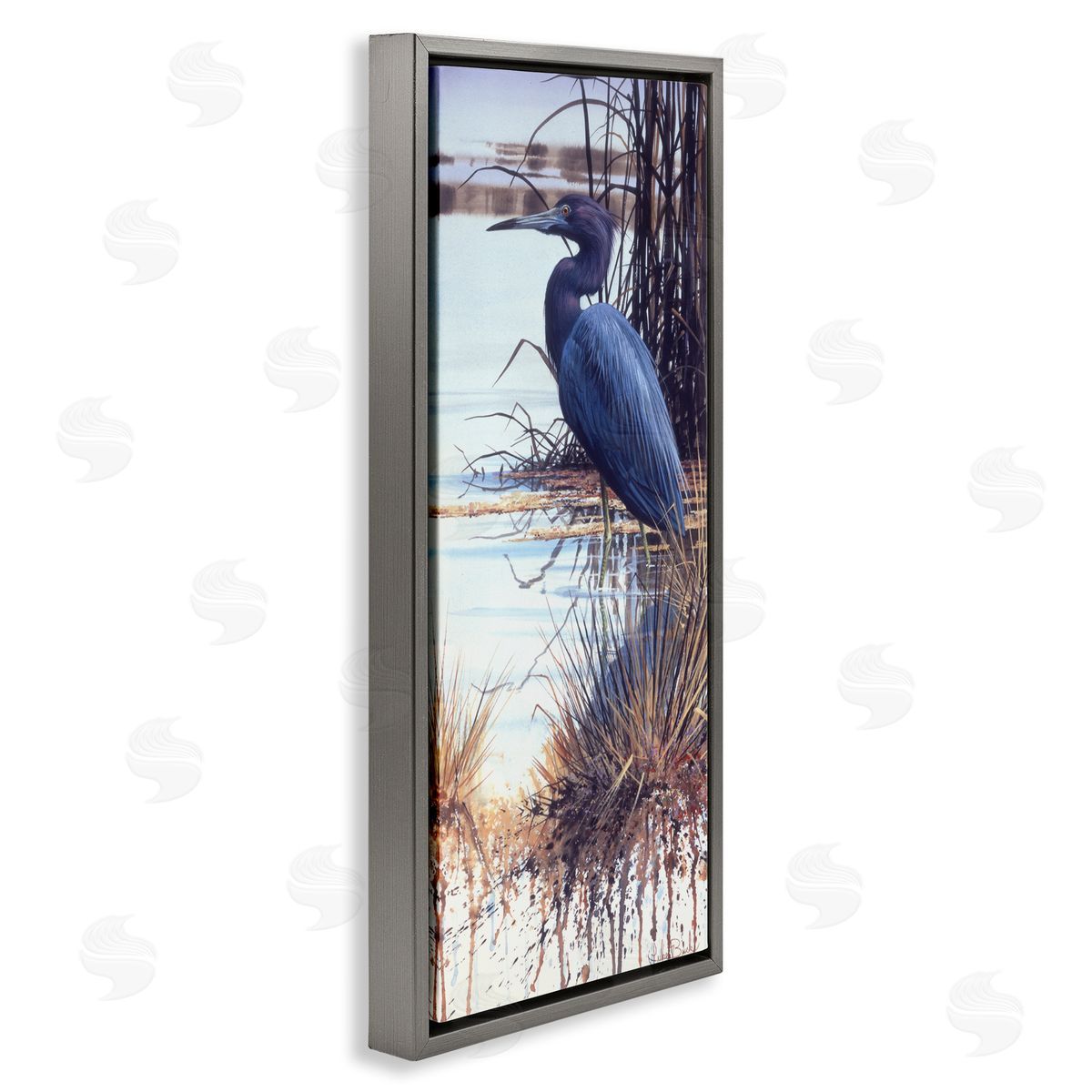 Luke Buck Blue Heron Modern Splash Gray Floating Frame Canvas Wall Art Print