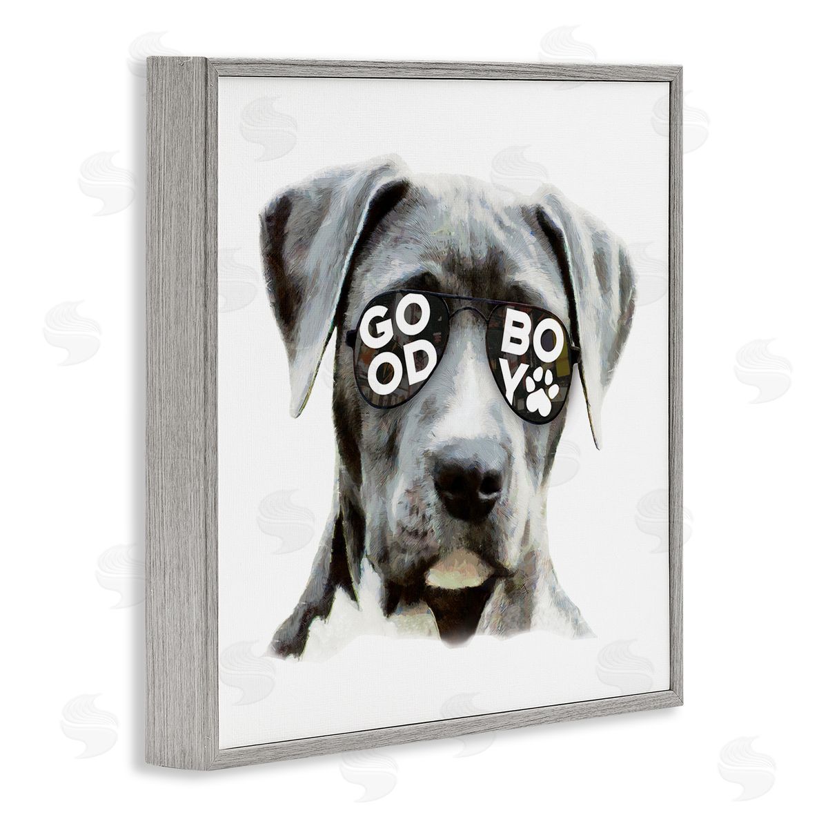 Masey St. Studios Dog with Good Boy Glasses Gray Framed Glicee Wall Art Print