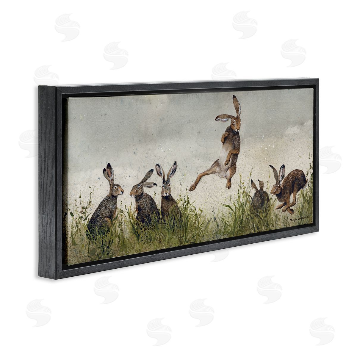 Jumping Hares in Wild Black Floating Frame Canvas Wall Art, Home Decor by Maggie Vandewalle