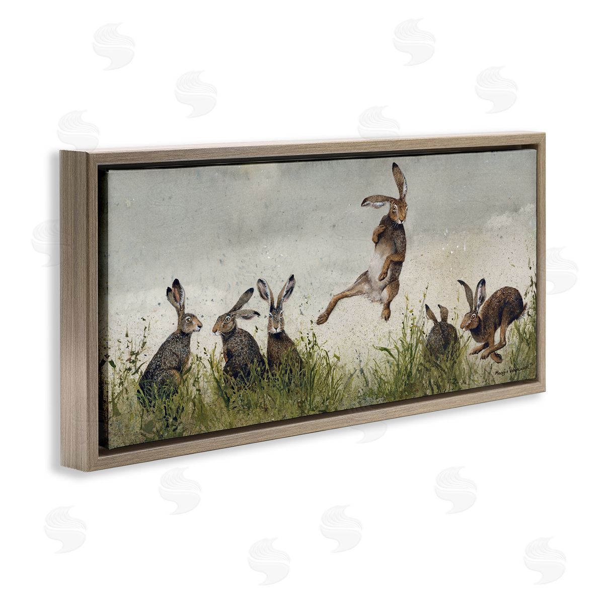 Jumping Hares in Wild Brown Floating Frame Canvas Wall Art, Home Decor by Maggie Vandewalle