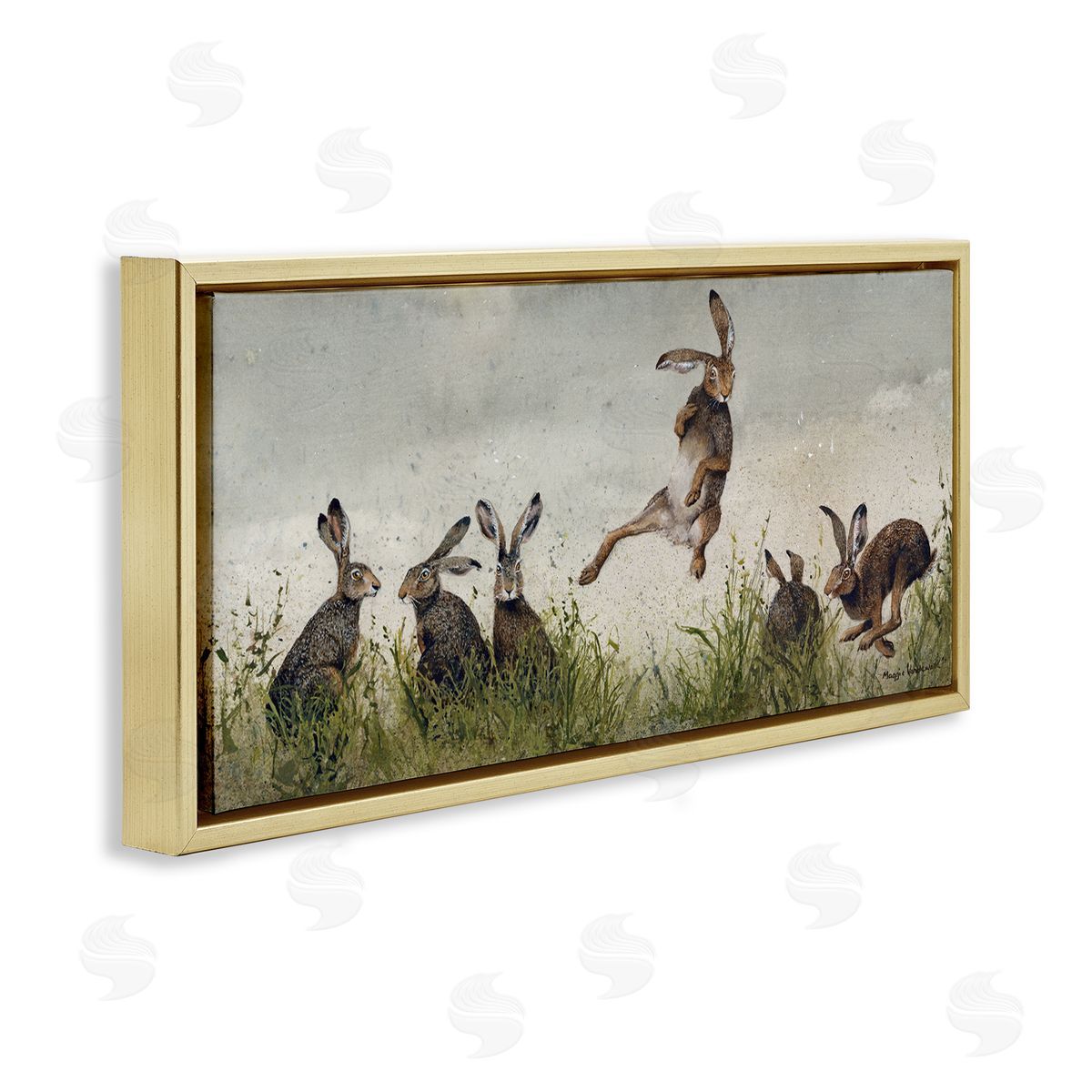 Jumping Hares in Wild Gold Floating Frame Canvas Wall Art, Home Decor by Maggie Vandewalle