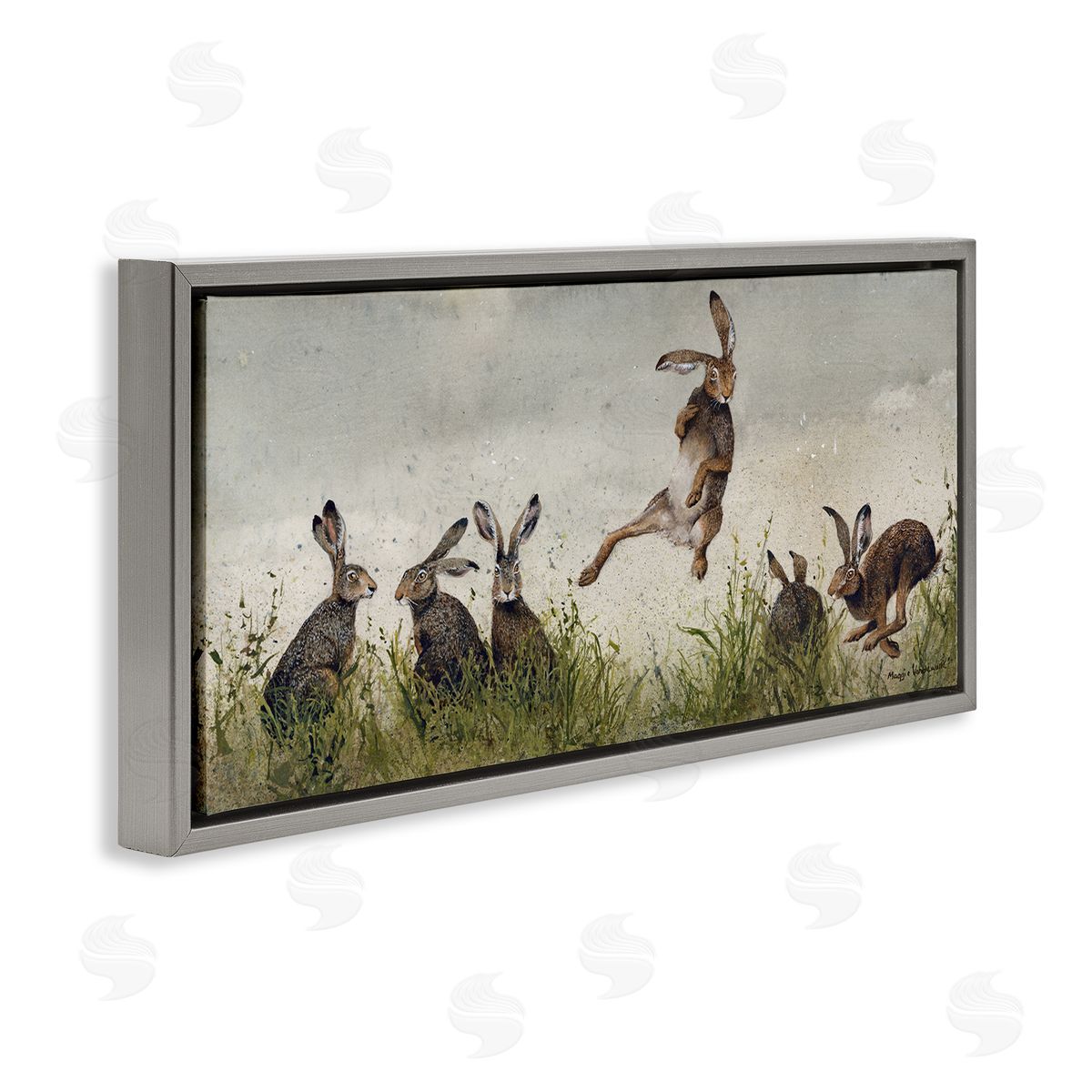 Jumping Hares in Wild Grey Floating Frame Canvas Wall Art, Home Decor by Maggie Vandewalle