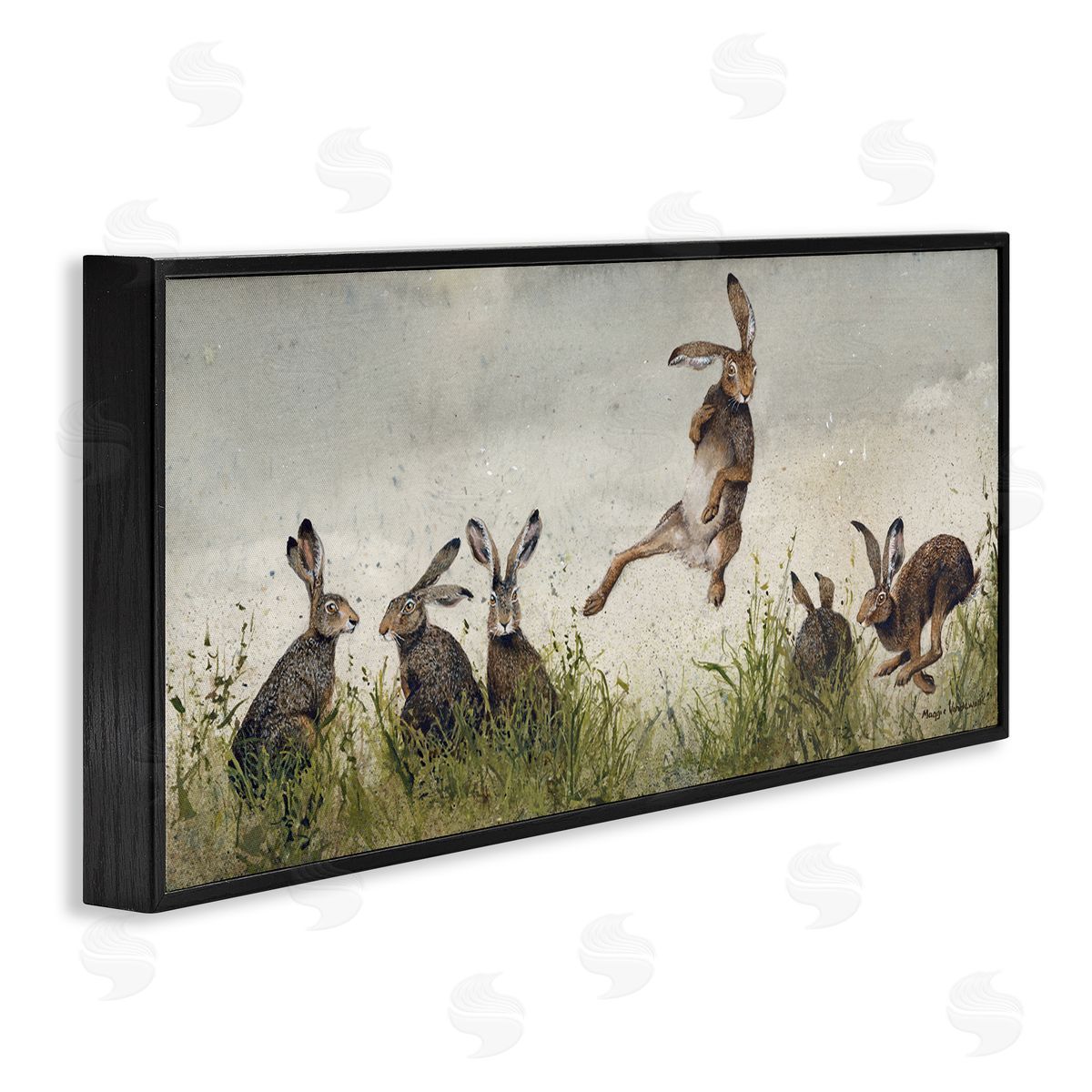 Jumping Hares in Wild Black Frame Print Wall Art, Home Decor by Maggie Vandewalle