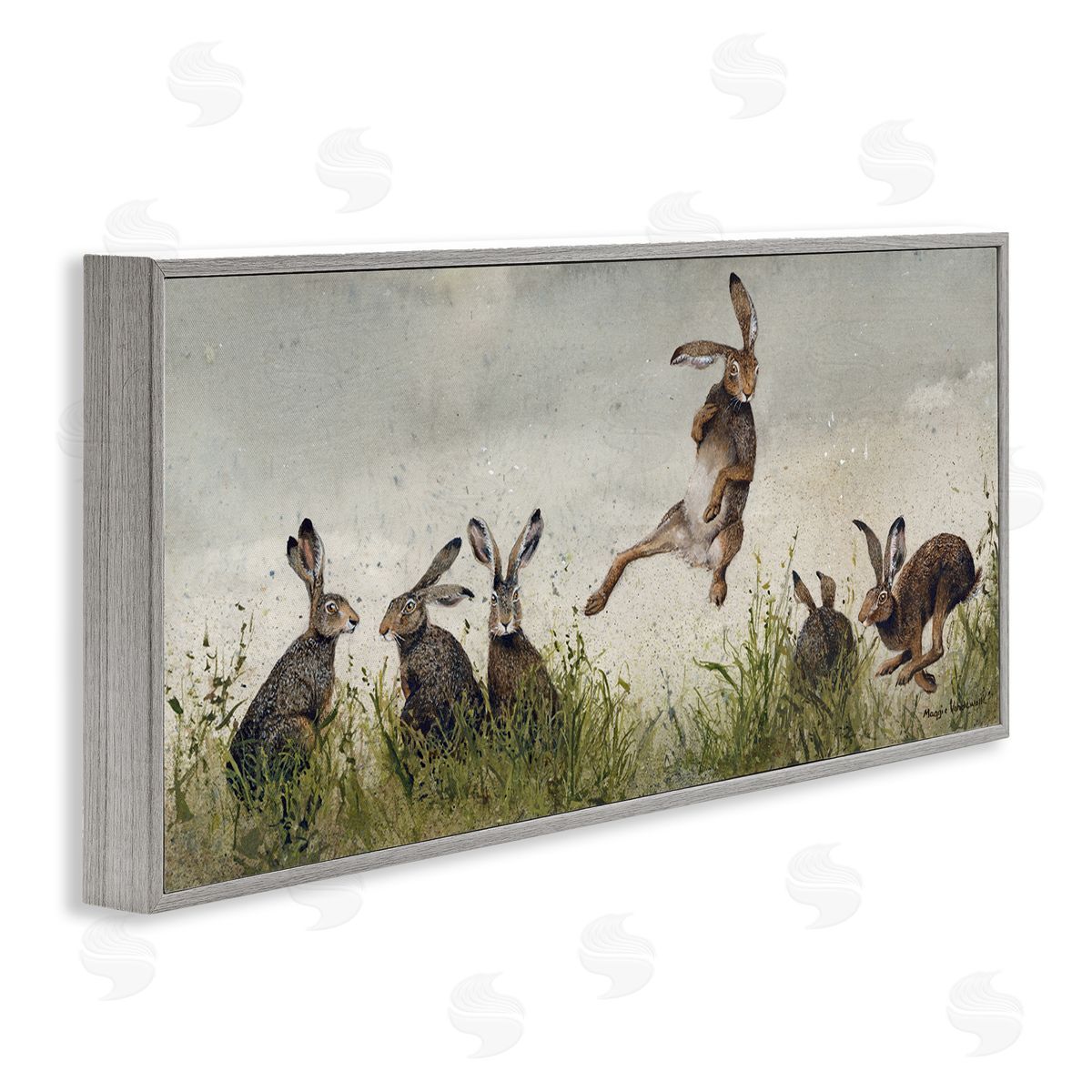 Jumping Hares in Wild Grey Frame Print Wall Art, Home Decor by Maggie Vandewalle