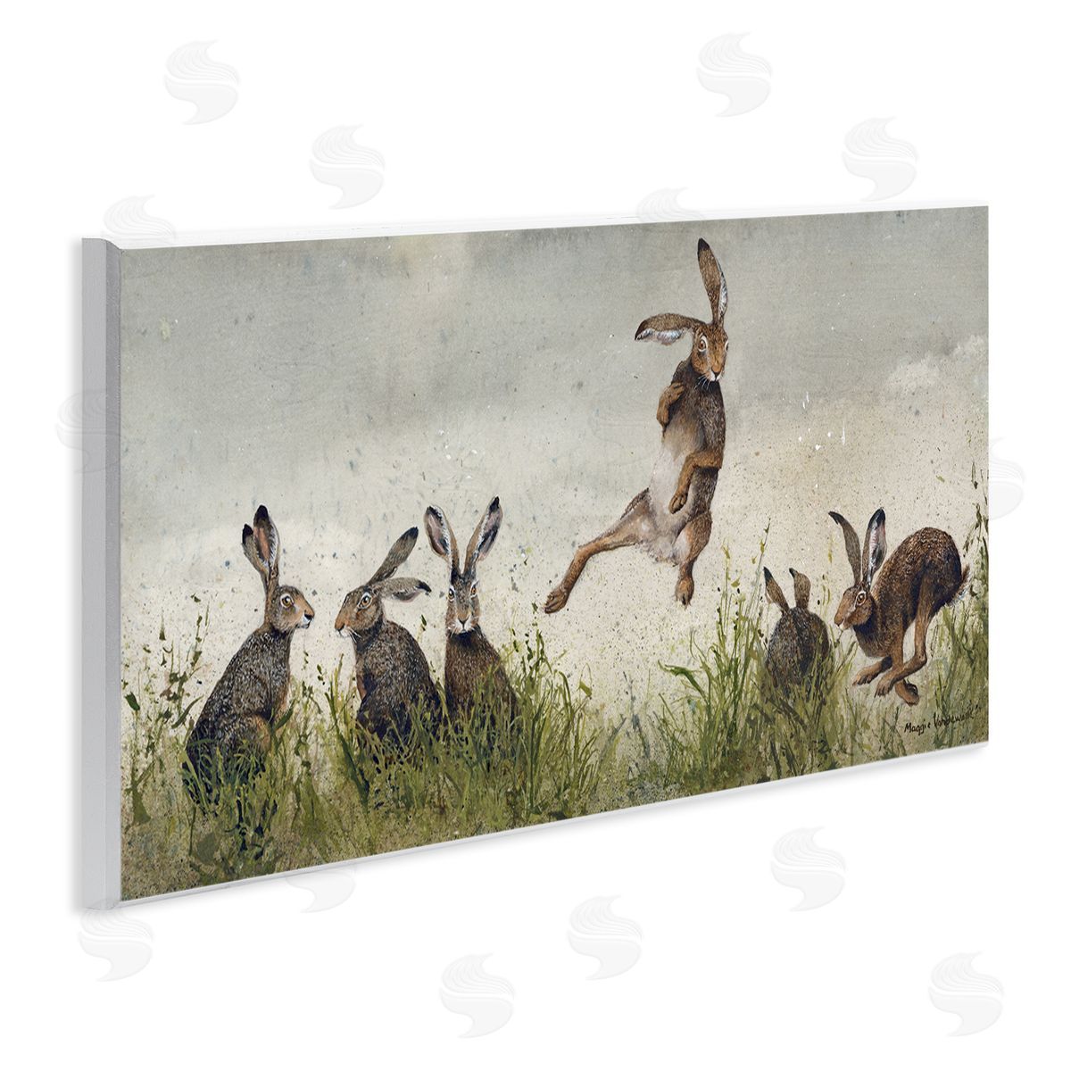 Jumping Hares in Wild Wood Plaque Wall Art, Home Decor by Maggie Vandewalle