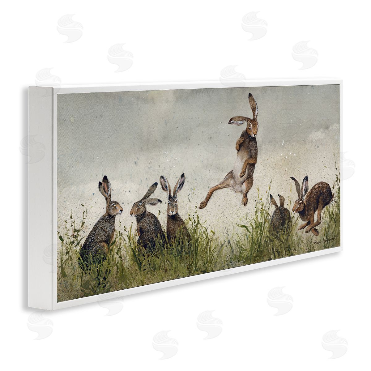 Jumping Hares in Wild White Frame Print Wall Art, Home Decor by Maggie Vandewalle