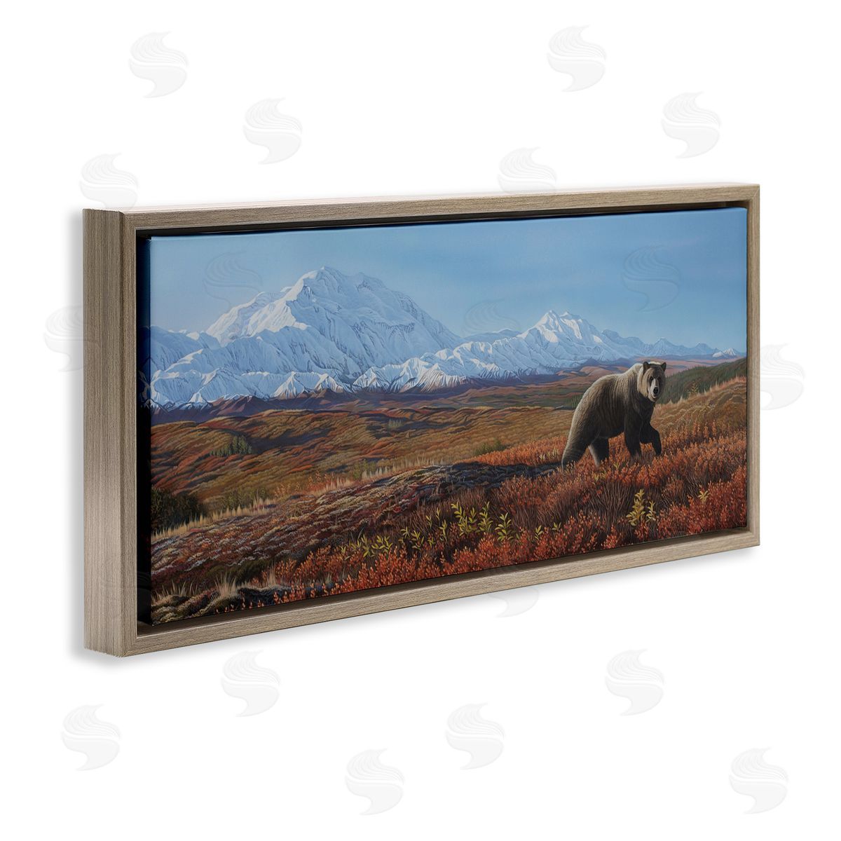 Clinton Jammer Bear in Mountain Landscape Brown Floating Frame Canvas Wall Art Print