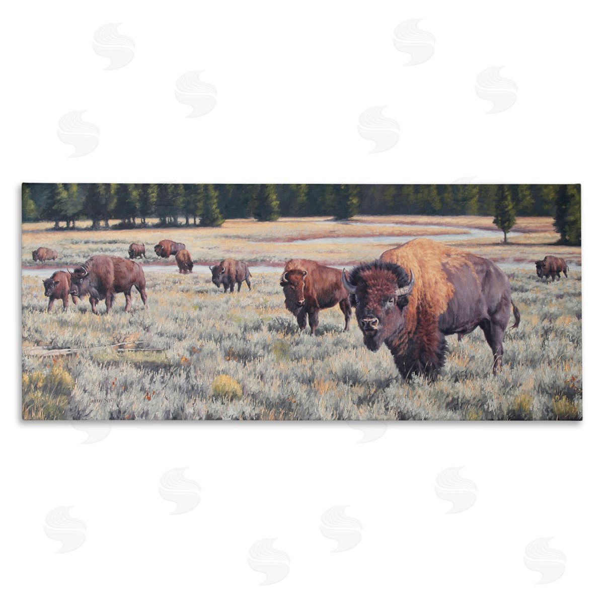 Lindsay Scott Bison Herd Rural Stream Stretched Canvas Wall Art Print