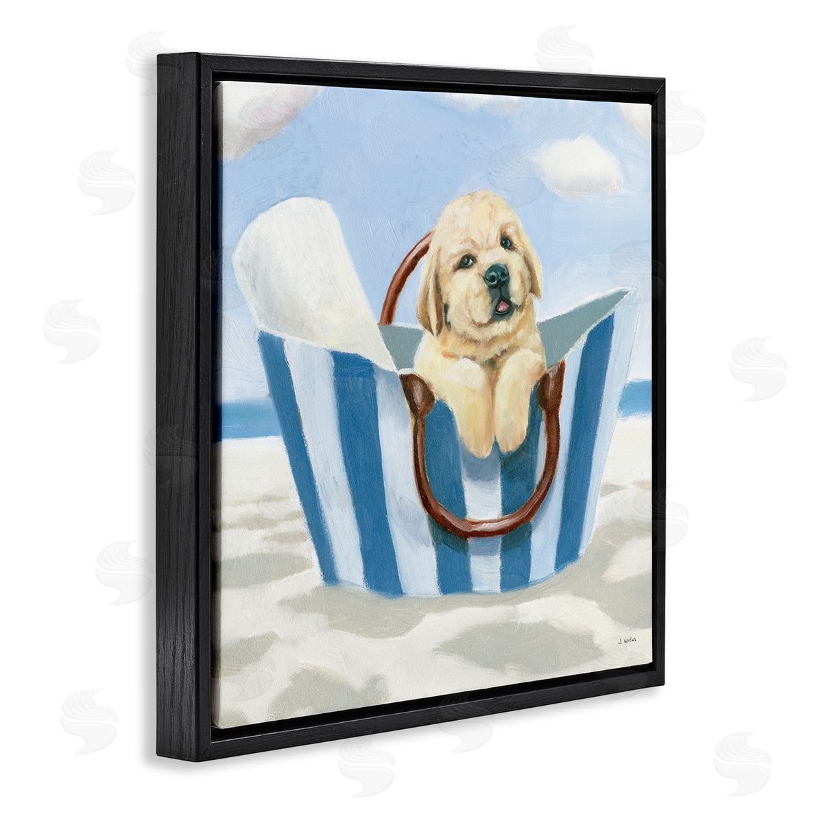 James Wiens Puppy at Beach Landscape Black Floating Frame Canvas Wall Art Print