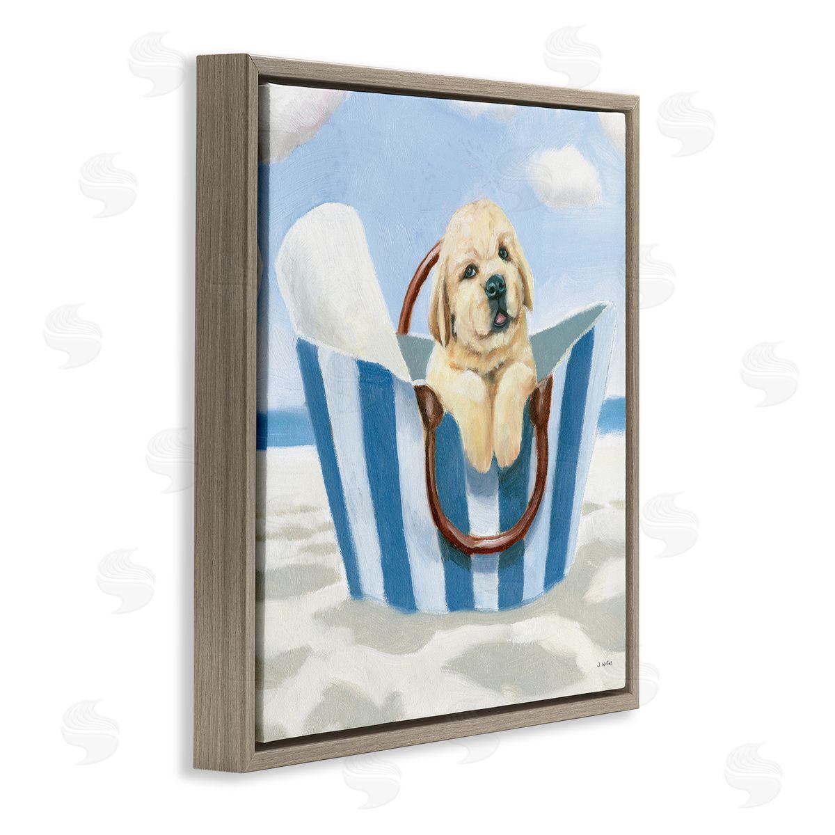 James Wiens Puppy at Beach Landscape Brown Floating Frame Canvas Wall Art Print
