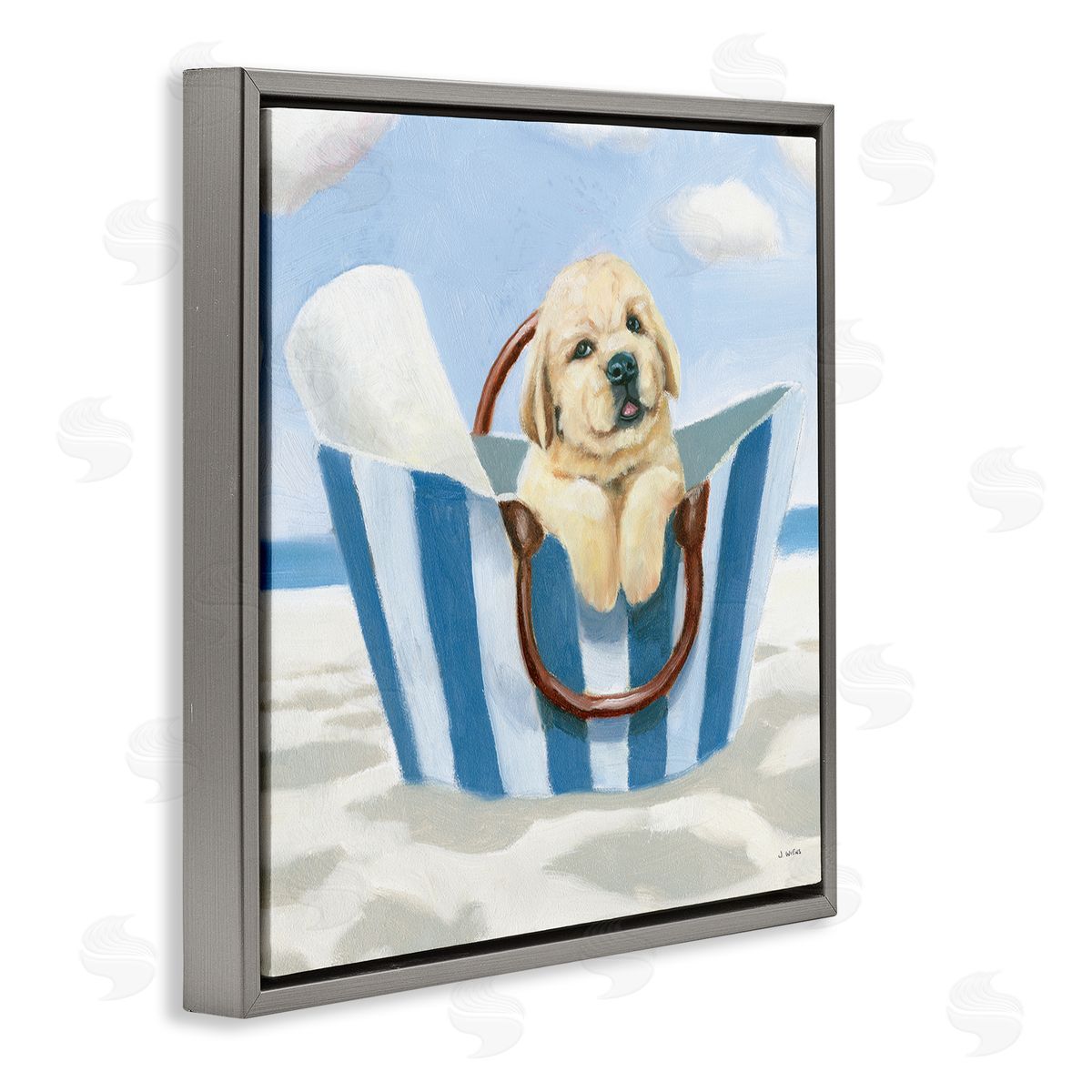 James Wiens Puppy at Beach Landscape Gray Floating Frame Canvas Wall Art Print