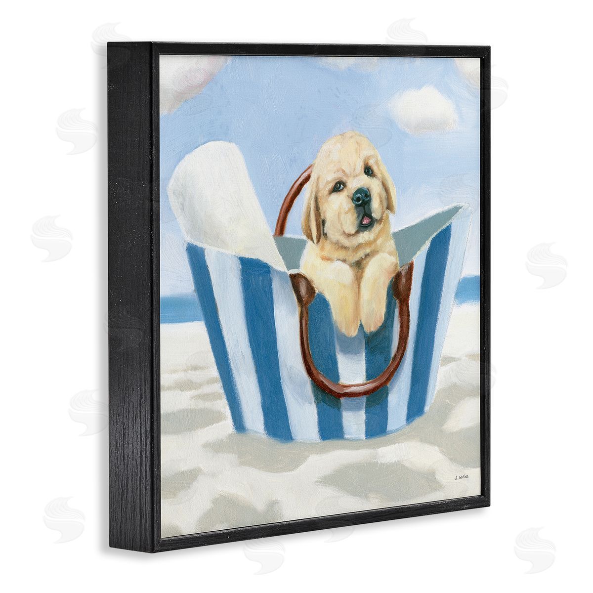 James Wiens Puppy at Beach Landscape Black Framed Glicee Wall Art Print