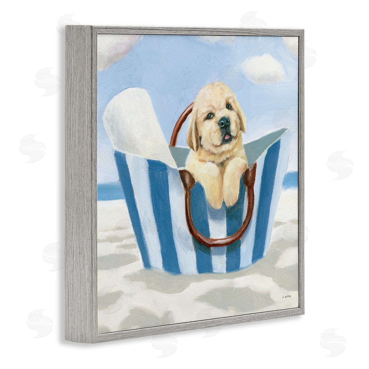 James Wiens Puppy at Beach Landscape Gray Framed Glicee Wall Art Print