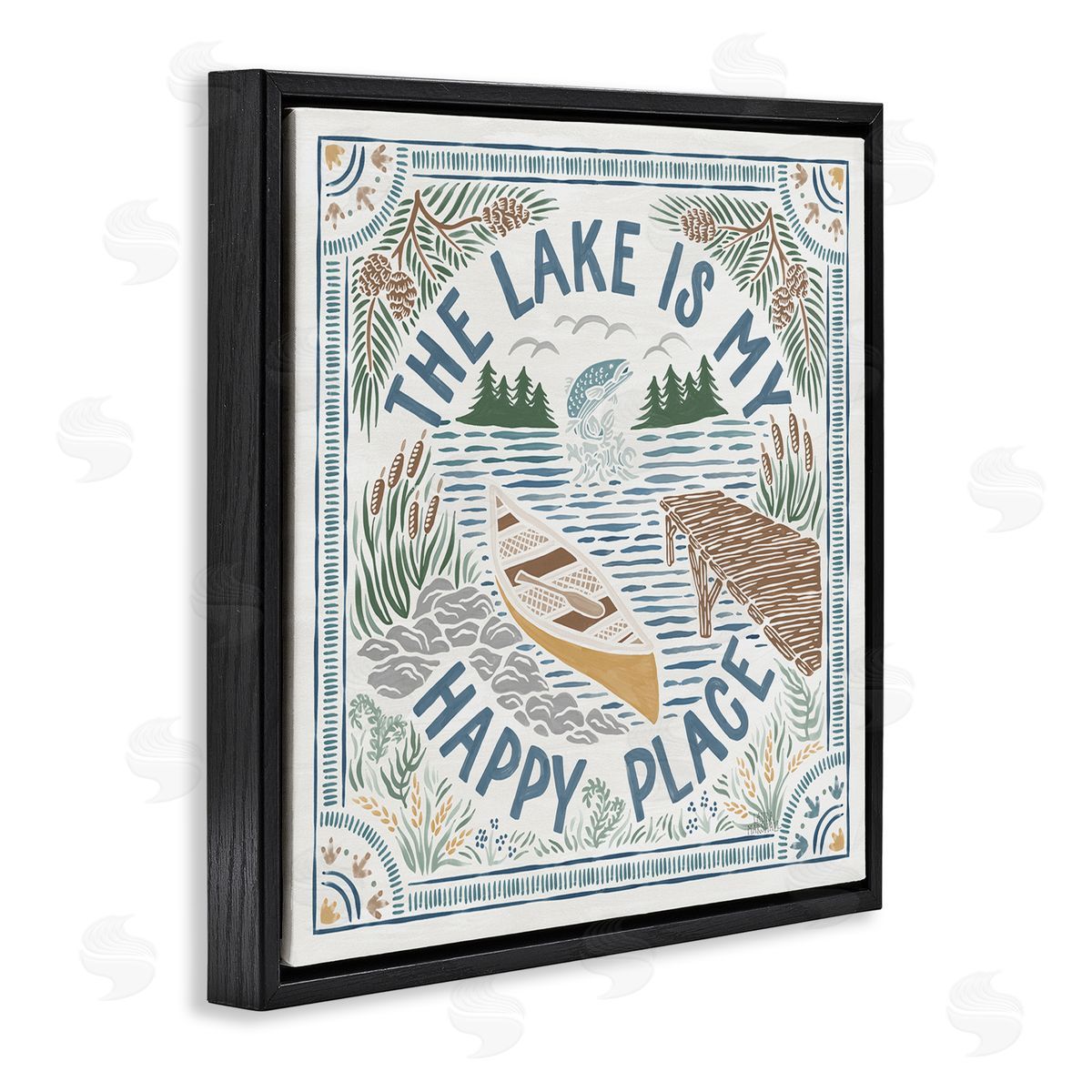 Laura Marshall My Happy Place Lake Phrase Black Floating Frame Canvas Wall Art Print