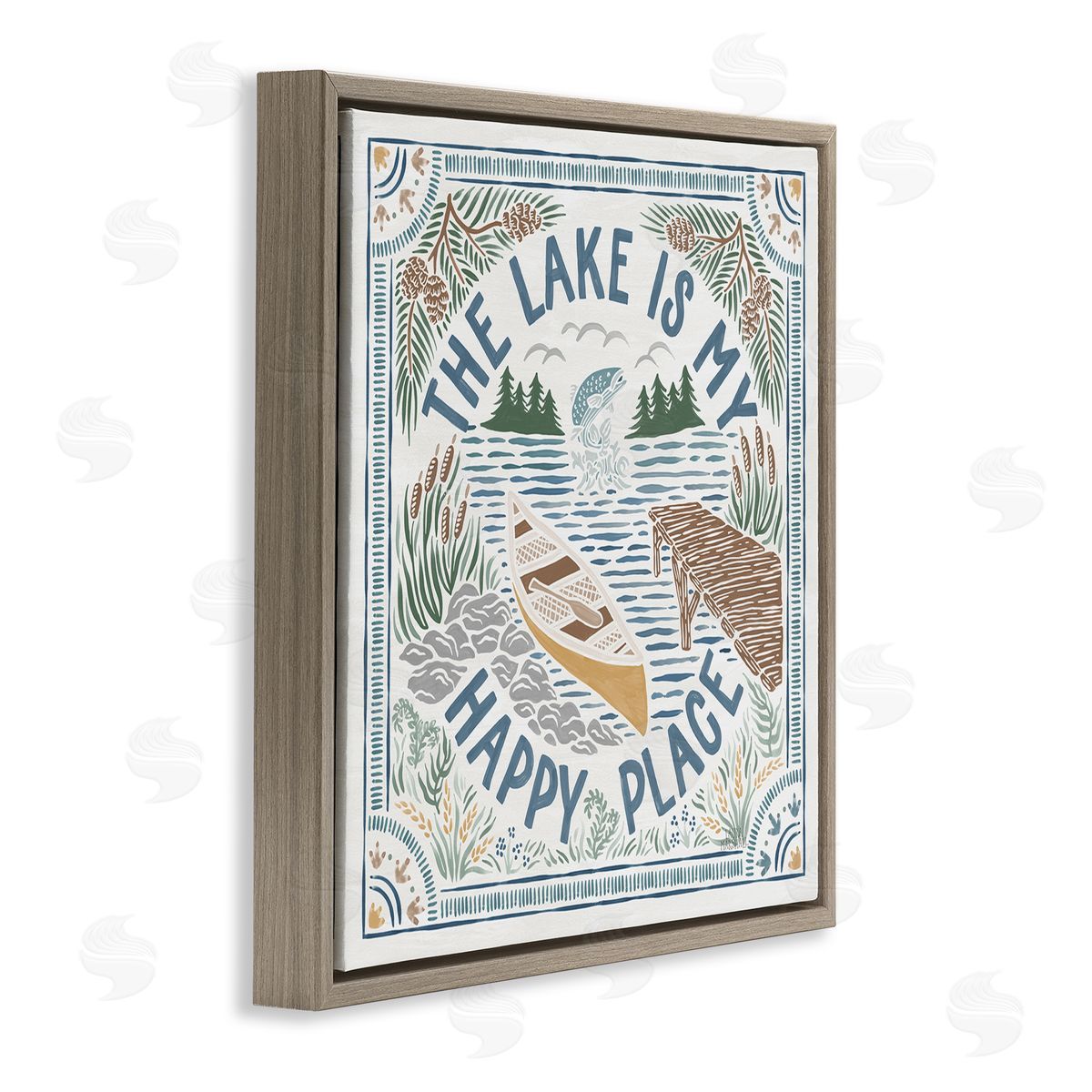 Laura Marshall My Happy Place Lake Phrase Brown Floating Frame Canvas Wall Art Print