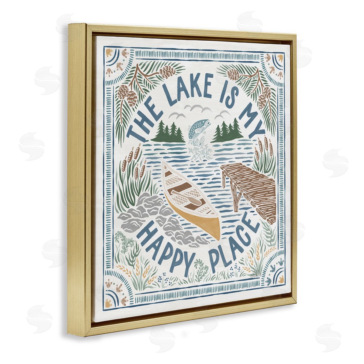 Laura Marshall My Happy Place Lake Phrase Gold Floating Frame Canvas Wall Art Print