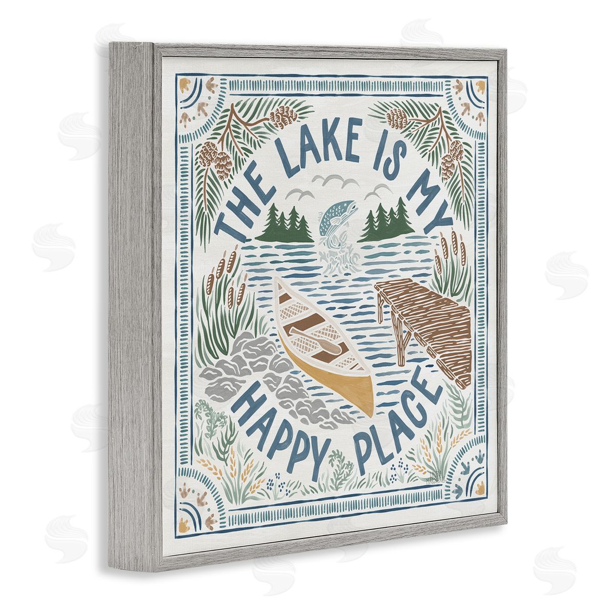 Laura Marshall My Happy Place Lake Phrase Gray Framed Glicee Wall Art Print