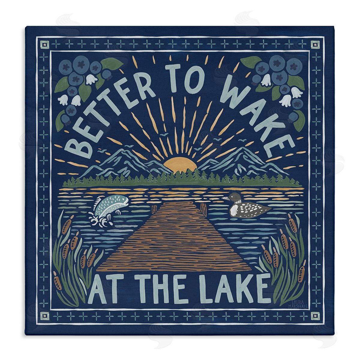 Laura Marshall Blue Wake at Lake Phrase Stretched Canvas Wall Art Print