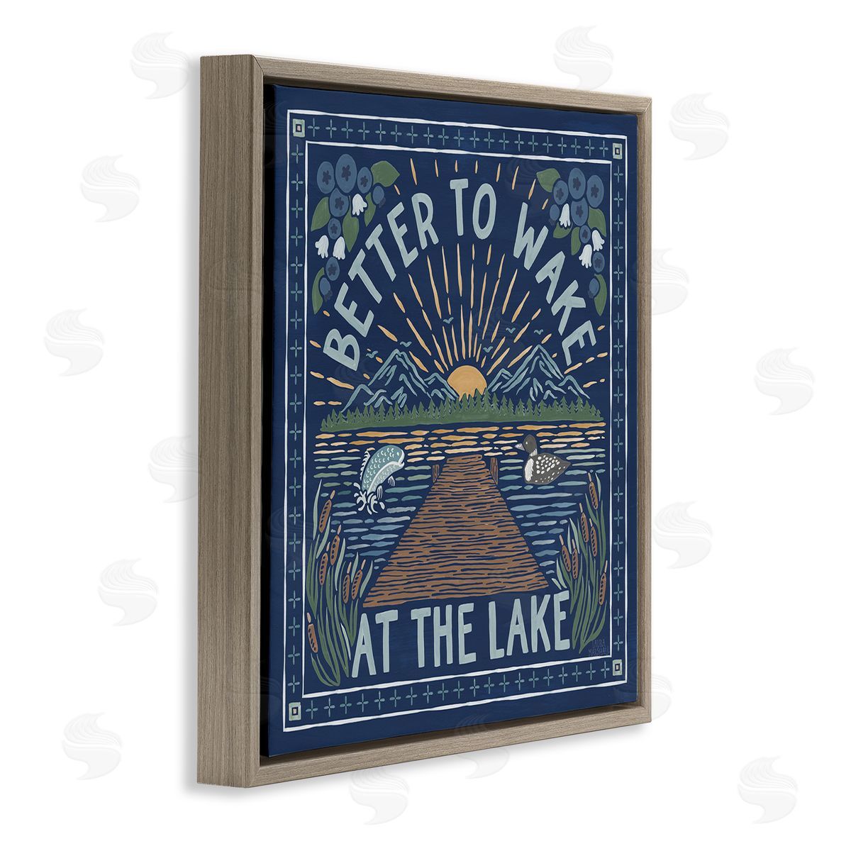 Laura Marshall Blue Wake at Lake Phrase Brown Floating Frame Canvas Wall Art Print